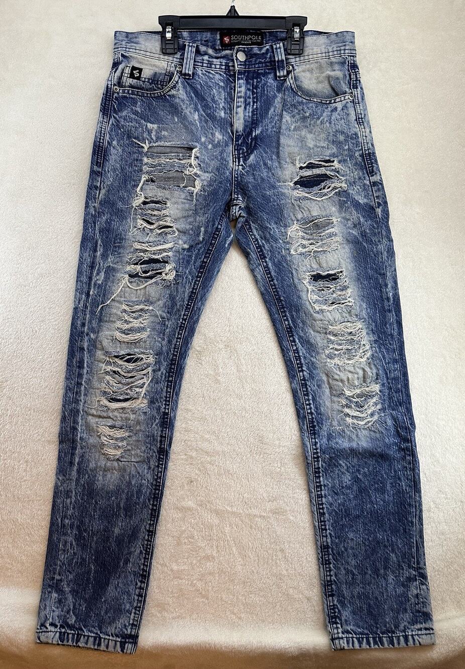 Men's Southpole Acid Wash Blue Denim Jeans Distressed Straight Skinny Size 32/32